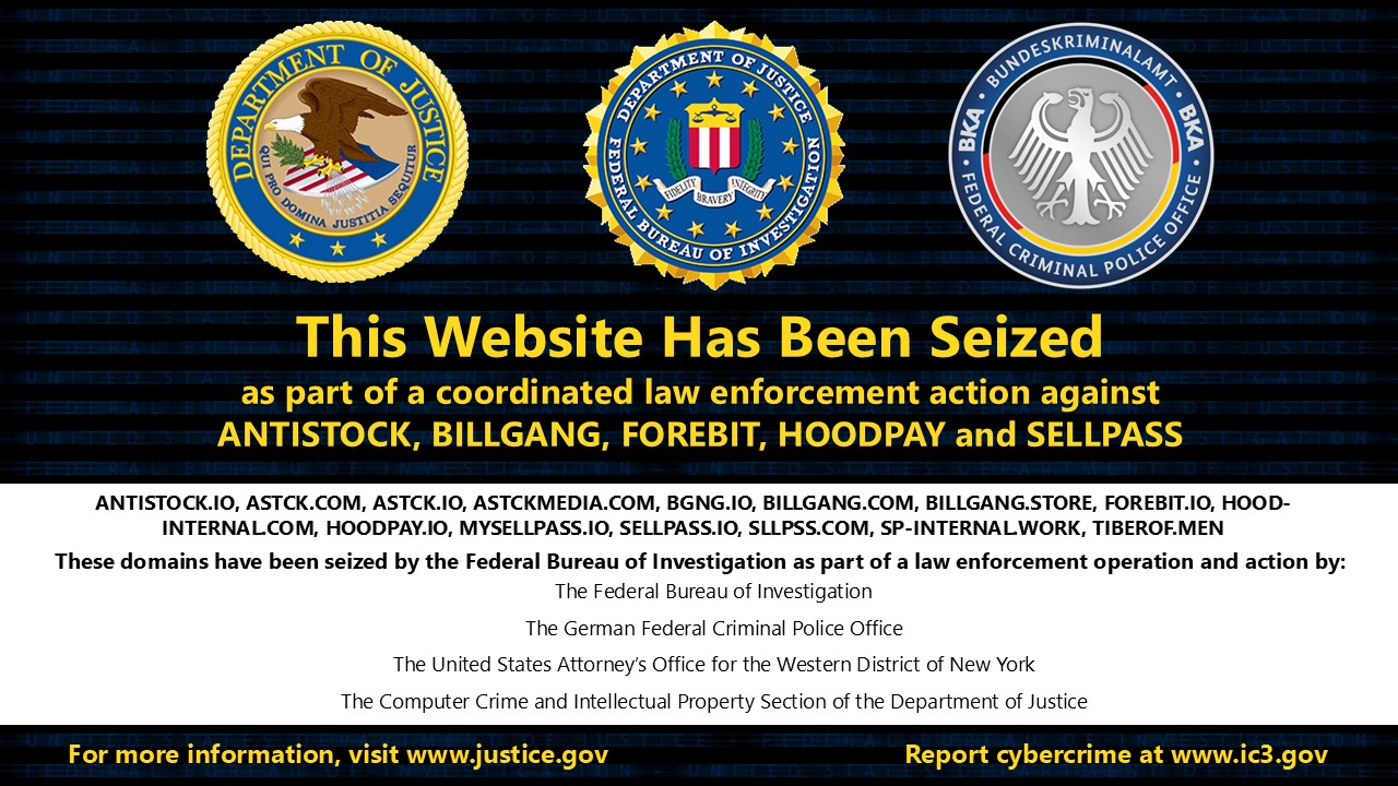 The seizure banner served on billgang.com, carrying US Department of Justice, FBI and German Bundeskriminalamt seals above the words “This Website Has Been Seized”.